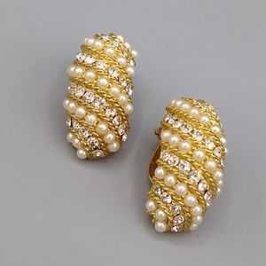 Pearl Rhinestone Cluster Half Hoop Clip on Earrings Vintage